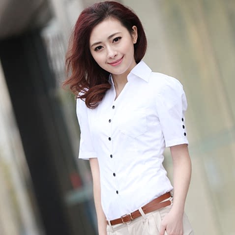 衬衫女夏装短袖2013新款韩版修身职业翻领纯色泡泡袖OL棉料衬衣潮