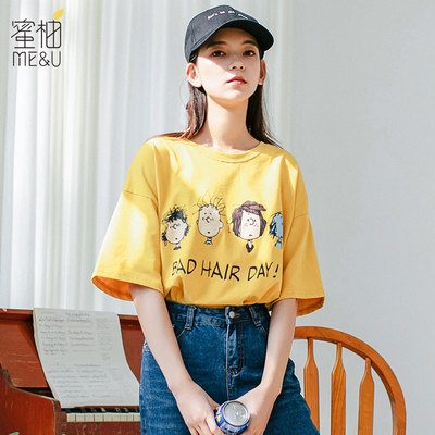 2019超火cec短袖纯棉心机t恤女小众夏季黄色韩版中袖宽松新款上衣