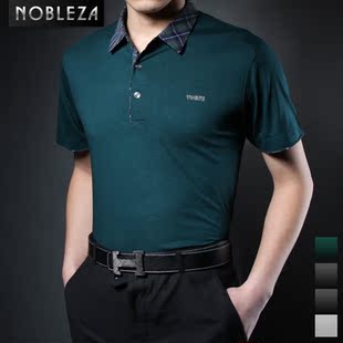  诺伯乐男装 t恤 男 短袖新春夏款打底衫免烫拼接黑绿白色格子