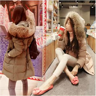  冬装新款 韩版中长款大毛领 保修身暖带帽抽绳羽绒服外套