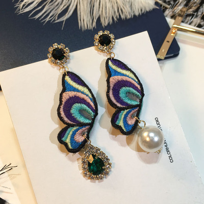 韩国东大门刺绣蝴蝶太阳花水钻不对称珍珠坠 女耳饰耳钉耳环欧美