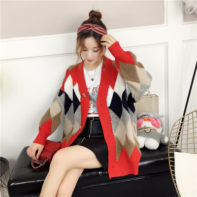 秋季短款毛衣外套女开衫韩版宽松菱形格子复古撞色学生针织衫开衫