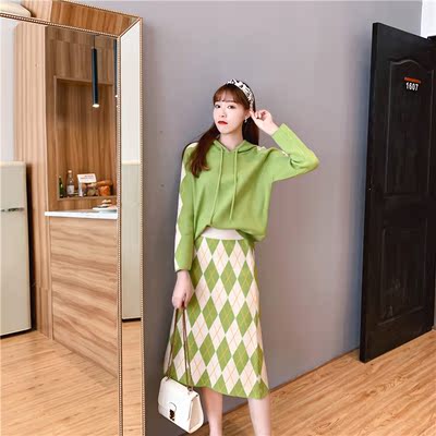 秋季新款毛衣套裙两件套宽松连帽卫衣格子拼色包臀裙毛衣两件套秋
