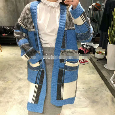 冬季韩版宽松拼色格子羊毛衣加厚外套时尚大气显瘦中长款针织开衫
