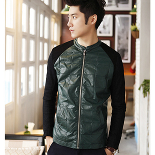  新款春装 韩版修身男士外套时尚休闲牛仔皮接皮衣夹克 男装潮