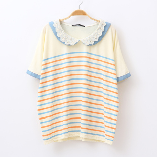  女装夏装新款 日系森女海军风条纹拼接蕾丝花边宽松蝙蝠袖T恤