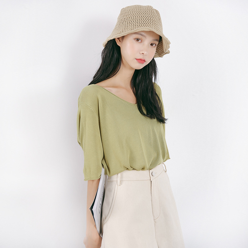 基本款 纯色V领宽松薄款针织衫女短袖新款 上衣 2019百搭T恤女在类目 女装/女士精品, 毛针织衫中 - 来自Buy2taobao.com提供专业的淘宝代购服务