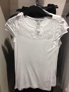  春装新款 hm原单正品3折蕾丝拼接t恤 纱网短袖打底衫 女大码