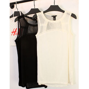  夏装新款 hm原单正品蕾丝拼接t恤 纱网透视露背打底衫 女大码