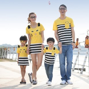  新款亲子装夏装全家装父子装母女装母子装短袖拼接条纹连衣裙