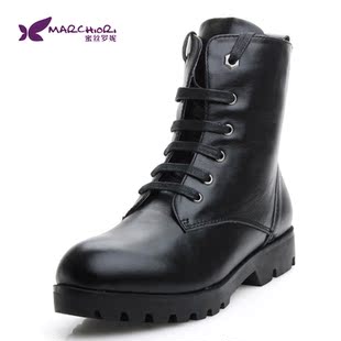  蜜丝罗妮牛皮机车靴女厚底系带马丁靴女骑士靴