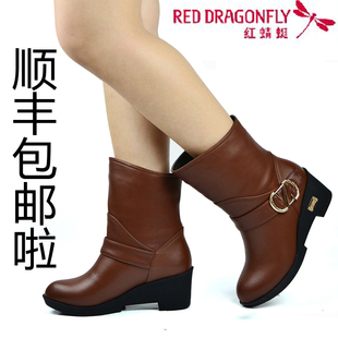  包邮红蜻蜓女靴正品靴冬季保暖靴短靴子中筒靴真皮靴时尚棉靴女鞋