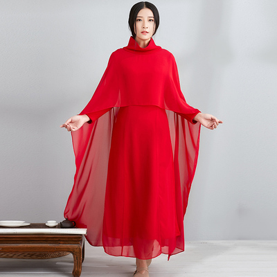春夏雪纺修身禅意高领披肩式仙女连衣裙中国风禅舞服装长袍长裙女
