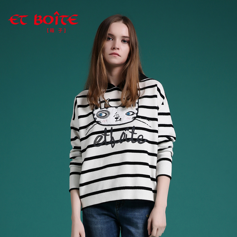 Et Boite法文箱子春季新款猫咪卡通条纹针织连帽毛衣女E182D002|ruв категории Женская одежда, свитер - от Buy2taobao.com для оказания профессиональной услуги покупки агента Taobao