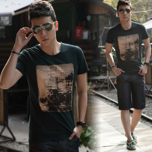  夏装男装新款韩版修身圆领印花短袖t恤男士打底衫潮流上衣服