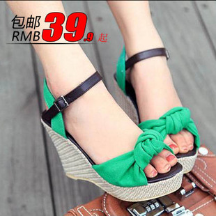  春夏新款凉鞋 韩版厚底鞋帆布麻编坡跟鱼嘴防水台高跟鞋女鞋