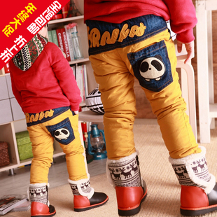  魔范生新年潮爆韩版时尚冬装男童女童卡通熊猫牛仔耐磨儿童羽绒裤