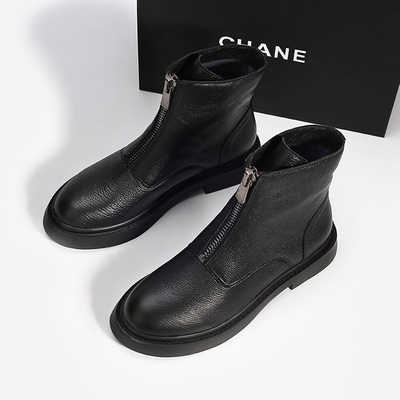 帅气马丁靴女英伦风2019新款真皮百搭黑色厚底机车靴前拉链短靴子