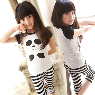  女童新款夏装童装 潮韩版熊猫短袖T恤+条纹裤子 休闲儿童套装