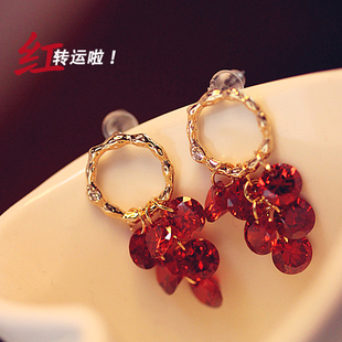  新年必备！耳环耳饰韩国时尚红宝石锆钻流苏镂空圈圈镀金女红色