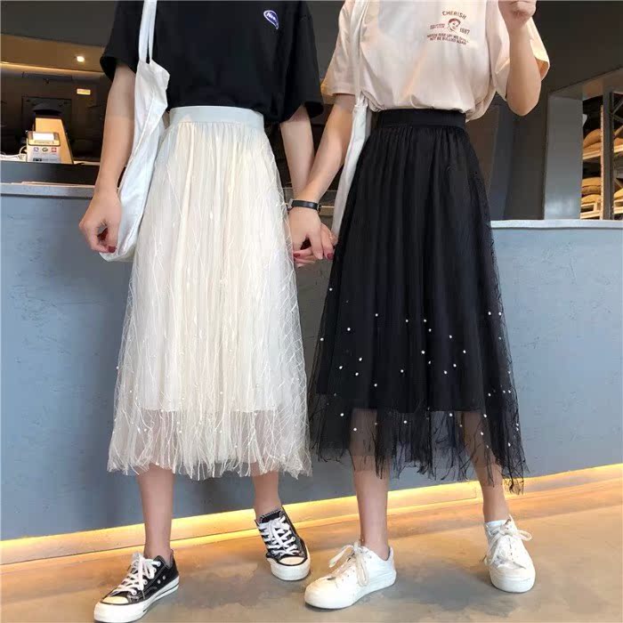 很仙的裙子春裝2019新款女松緊高腰蕾絲網紗中長裙時尚白色半身裙在類目 女裝/女士精品, 半身裙中 - 來自Buy2taobao.com提供專業的淘寶代購服務