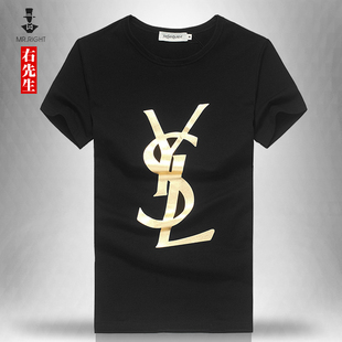  奢华大牌 男t恤短袖 潮流韩版修身字母烫金印花 YSL纯棉加肥加大