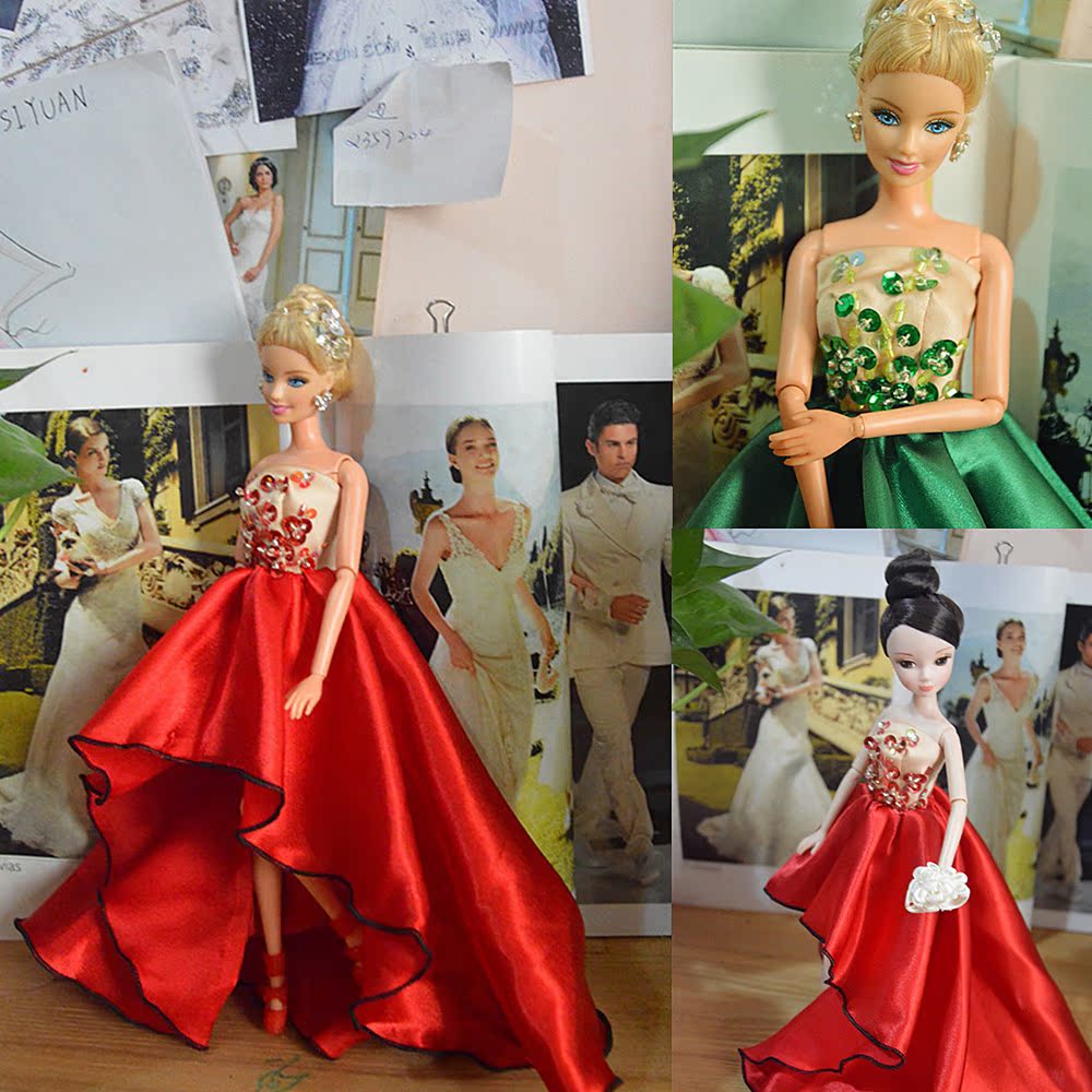 时尚芭比娃娃服装手工品牌设计制作大红色草绿色前短后长娃娃礼服