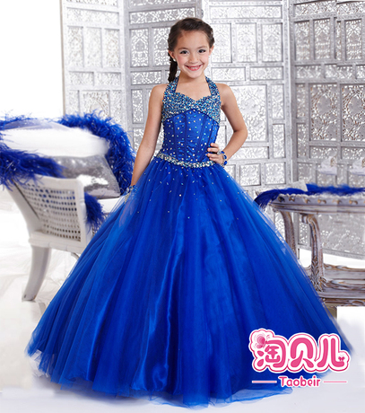 蓝色长款<em>儿童</em>婚纱裙晚礼服 女童小主持人演出