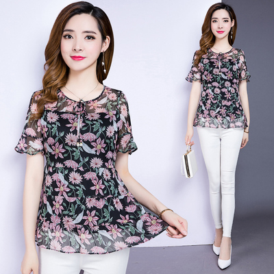 中长款洋气裙摆小衫女2018夏新品收腰显瘦上衣胖遮肚子雪纺衫碎花