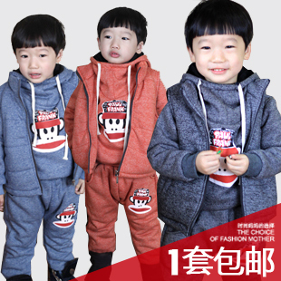  新年特价儿童男童套装童装大嘴猴加厚加绒马甲卫衣裤子三件套