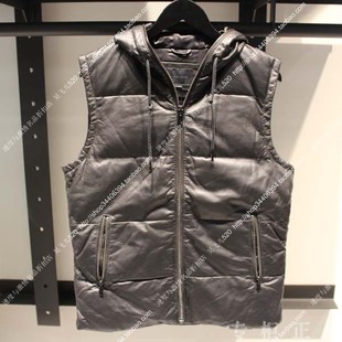  【三皇冠 正品代购】 jackjones/杰克琼斯 黑色加厚连帽皮马甲男