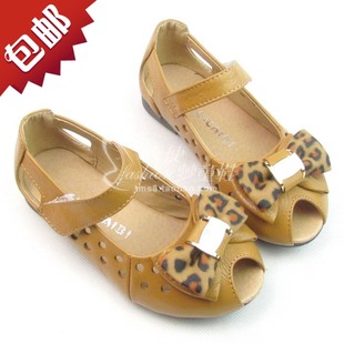  包邮 时尚豹纹鱼嘴儿童凉鞋真皮镂空四季鞋大童鞋女童凉鞋 驼色