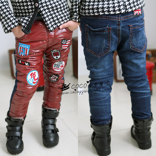  149元2件童装冬韩版半边牛仔拼色贴标字母儿童羽绒长裤男女童特