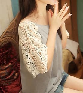  纯色蕾丝拼接镂空肩袖休闲宽松圆领短袖t恤女韩版夏季新爆款包邮