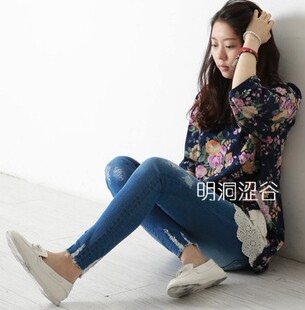  韩国代购进口女装现货~夏日系甜美花朵拼接蕾丝长款五分袖T恤