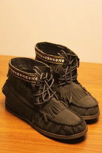  日本原单honeys zippet毛毛套2WAY民族风低跟流苏短靴马靴女靴子