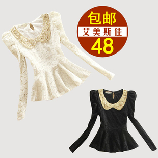  秋冬新品 韩版娃娃领蕾丝上衣长袖 雪纺打底衫 长袖蕾丝 女