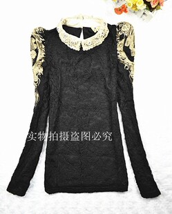  冬款复古女装唯美嘉刺绣翻领蕾丝衫双层加厚长袖雪纺打底衬衫3198