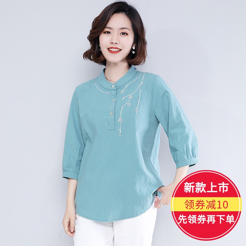 半袖衬衫女立领宽松民族风中袖衬衣中年妈妈装2019夏季新款全棉在类目 女装/女士精品, 衬衫中 - 来自Buy2taobao.com提供专业的淘宝代购服务