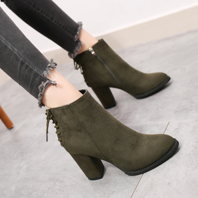 粗跟短靴女2017冬季新款加绒保暖高跟女靴百搭尖头绒面英伦马丁靴