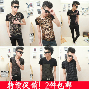  男装夏装新款日韩个性短袖t恤男修身V领T恤打底衫男式半袖潮