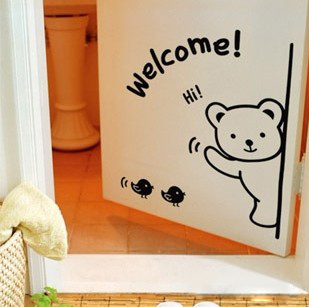 小熊开门 卡通卧室儿童房门贴 寝室宿舍橱窗厕所门玻璃装饰墙贴纸