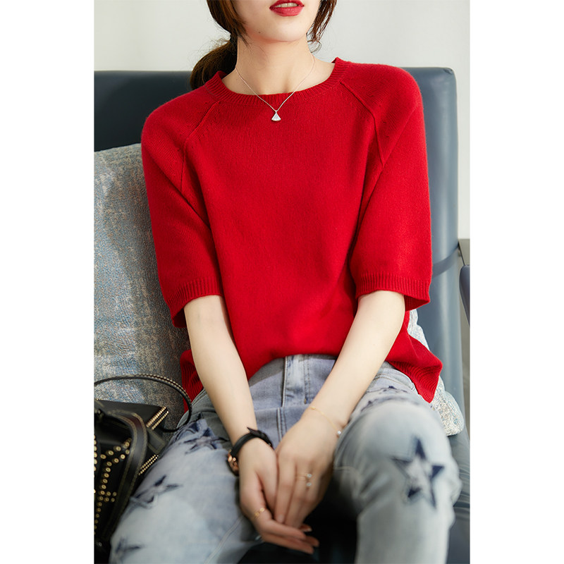 [ZY158646AG] 红色！秀出你的洋气与腔调~山羊绒中袖针织衫