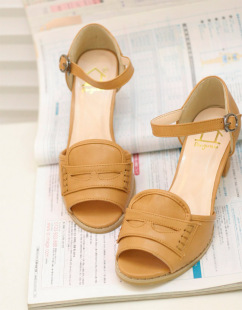  小绿新品女 欧美站日系复古学院风 甜美中跟粗跟缕空厚底鱼嘴凉鞋