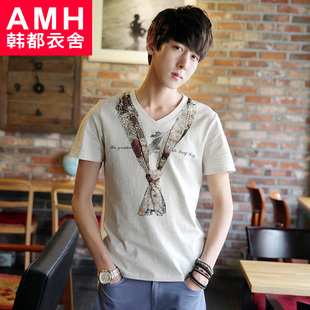  AMH男装韩国夏装新款韩版V领印花修身短袖T恤NR2143輣膤