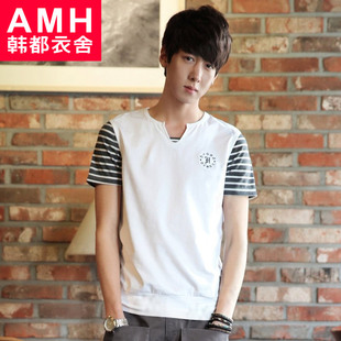  AMH男装韩国夏装新款修身假两件拼接短袖T恤NX2156恊膤