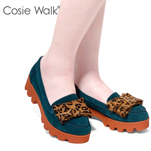  豹纹蝴蝶结厚平底松糕女鞋欧美英伦潮春新款磨砂真皮平跟单鞋