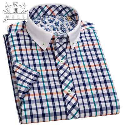 牧鹿夏季男士短袖格子纯棉衬衫商务休闲青年男装全棉韩版修身寸衫