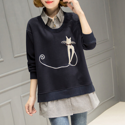 假两件卫衣女中长款宽松百搭2017秋冬新款韩版绣花加绒加厚上衣女