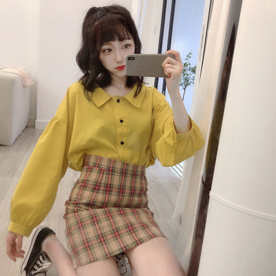 韩版时尚休闲套装秋季女装学院风娃娃领长袖衬衫+格子短裙两件套